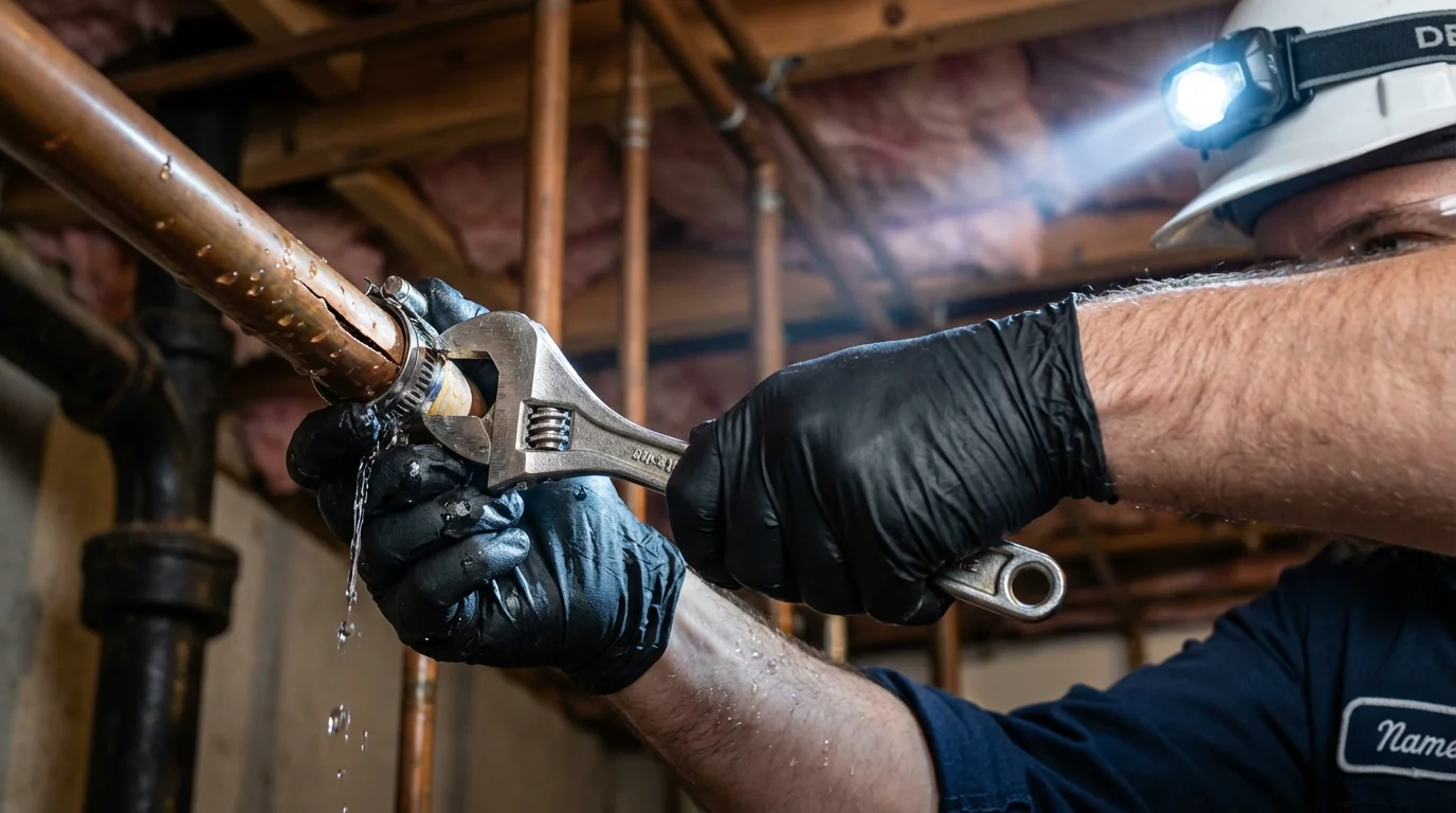 Emergency pipe clamp repair being performed by a Johns Plumbing LLC plumber in Centerville