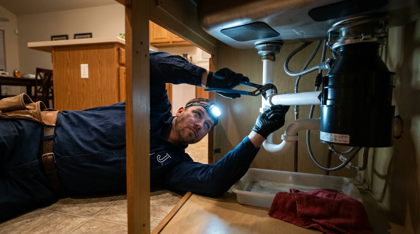 P-trap and supply line connections under a kitchen sink showing a common leak point in Centerville, GA